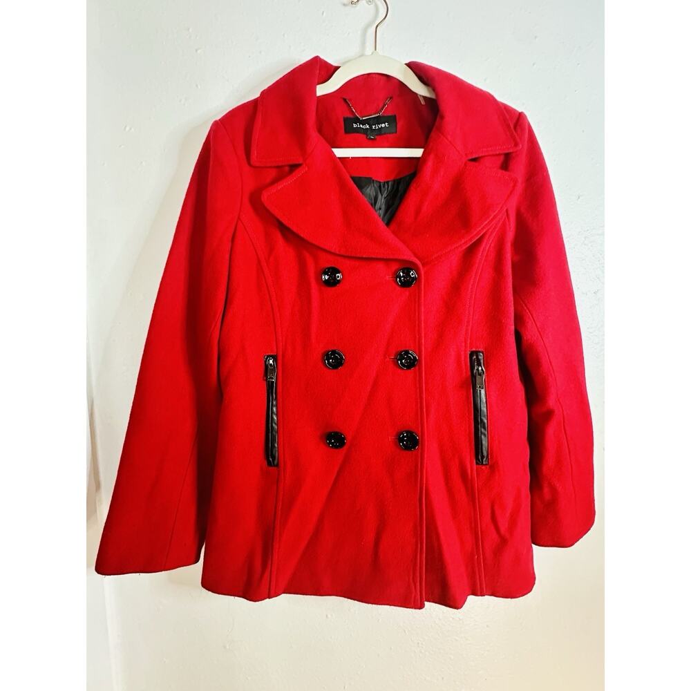 Black Rivet Red Wool Blend Pea Coat Size Medium